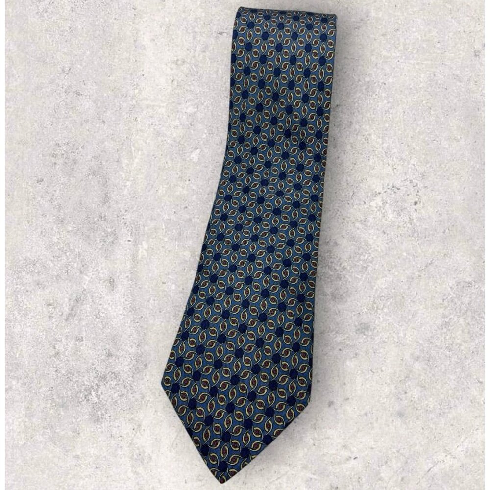 HERMÈS 7927 MA Silk Tie FRANCE Blue Navy Yellow Geometric Polka Dot W:3.4" EUC